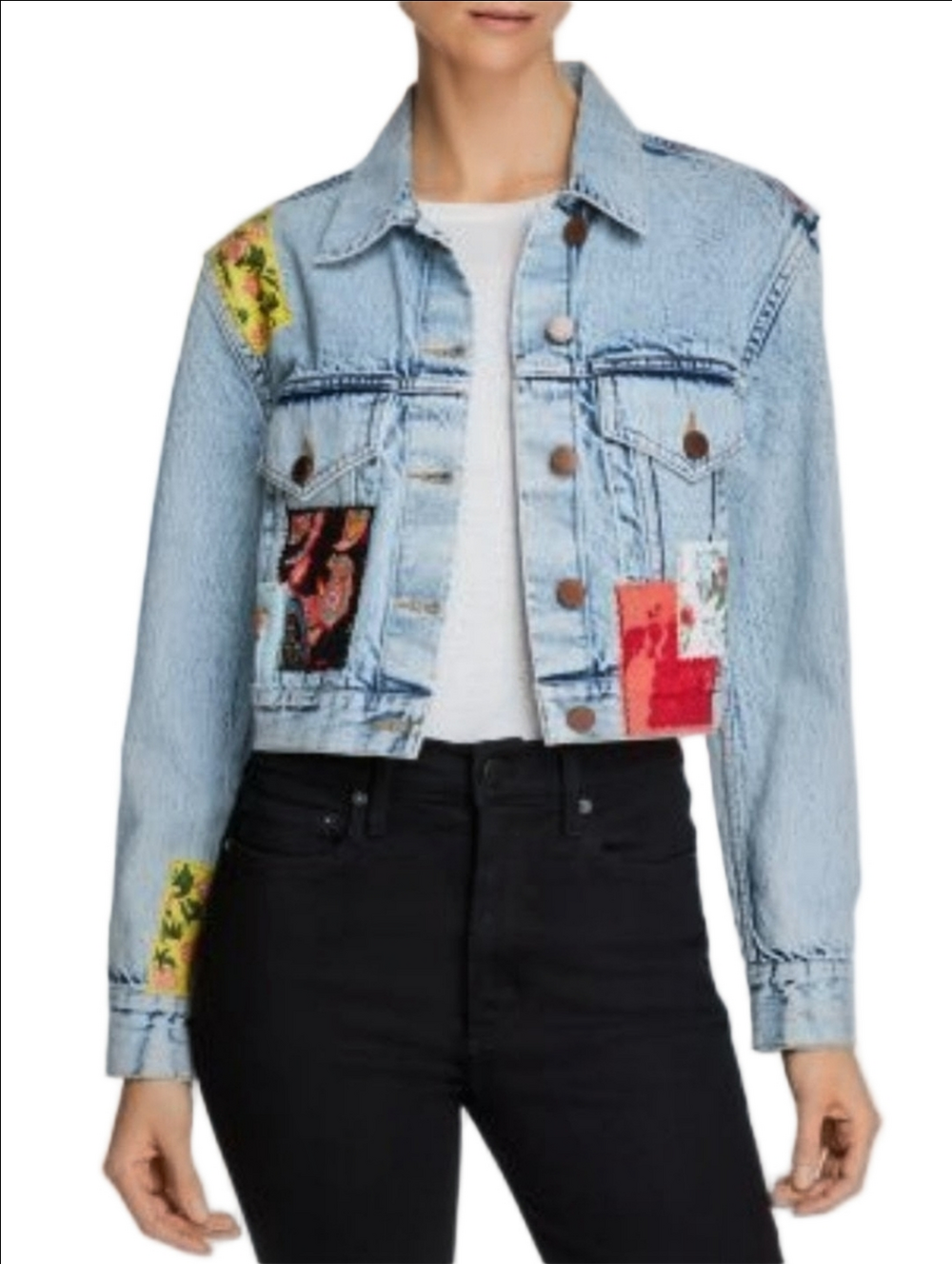 ALICE + OLIVIA LIGHT BLUE DENIM CROPPED JACKET WITH FLORAL PATCHES ◾SIZE XS - Picture 5 of 16